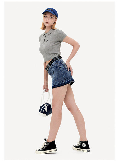 Vintage Spice Twist Knit Short Sleeve T-Shirt Summer Polo Neck Short Bodice Woman