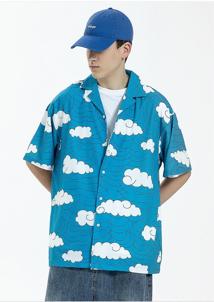 Floral Casual Printed Shirt Short Sleeved Summer Loose Blue Shirt