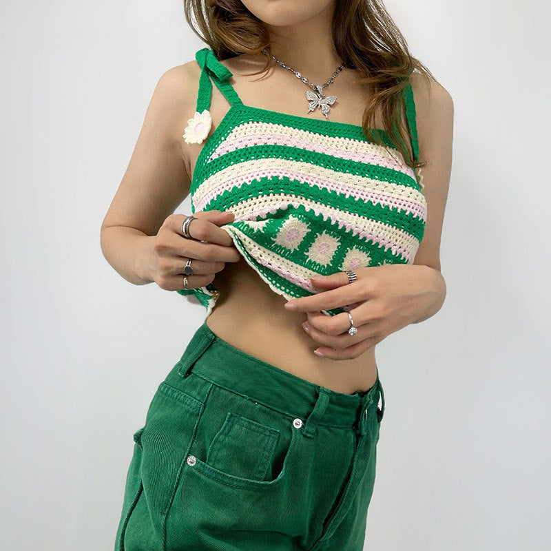 Crochet Knitted Shoulder Stripes Short Vest Top