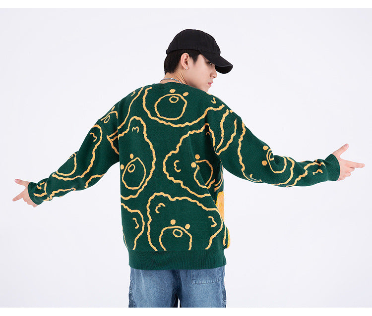 Jacquard Knit Bear Sweater Autumn And Winter New Oversized Sweater