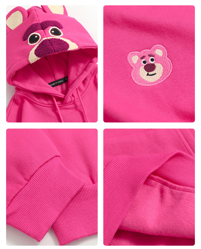 Plum Red Cartoon Bear Pattern Plus Fleece Loose Pullover Hoodie Lovers Autumn And Winter Top Tide
