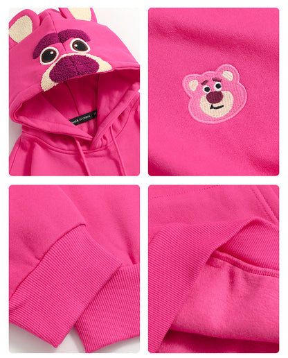 Plum Red Cartoon Bear Pattern Plus Fleece Loose Pullover Hoodie Lovers Autumn And Winter Top Tide