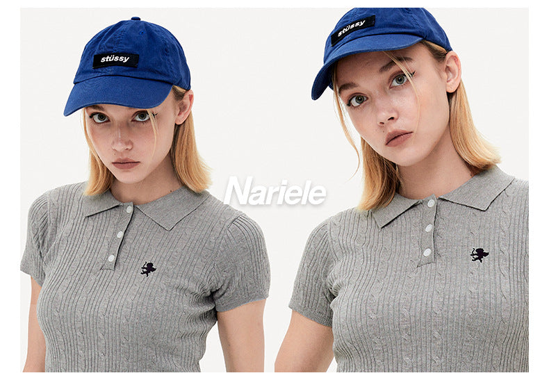 Vintage Spice Twist Knit Short Sleeve T-Shirt Summer Polo Neck Short Bodice Woman