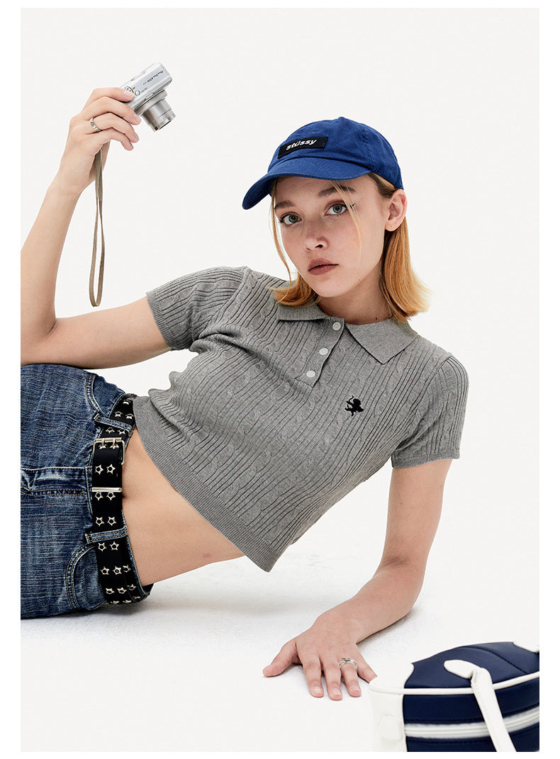 Vintage Spice Twist Knit Short Sleeve T-Shirt Summer Polo Neck Short Bodice Woman