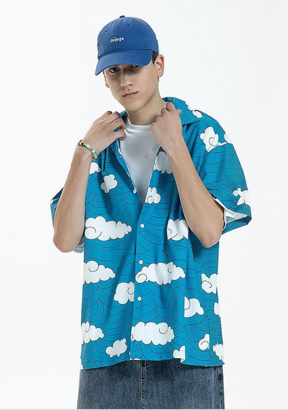 Floral Casual Printed Shirt Short Sleeved Summer Loose Blue Shirt