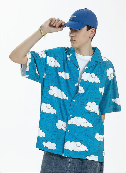 Floral Casual Printed Shirt Short Sleeved Summer Loose Blue Shirt