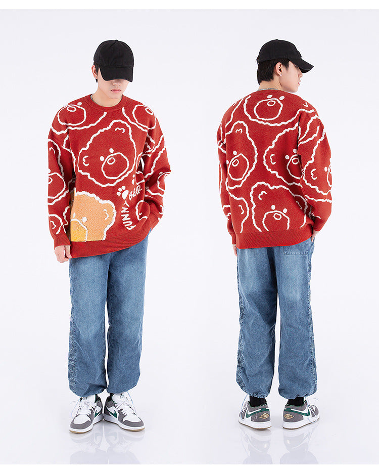 Jacquard Knit Bear Sweater Autumn And Winter New Oversized Sweater