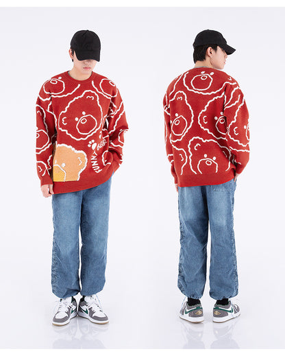 Jacquard Knit Bear Sweater Autumn And Winter New Oversized Sweater