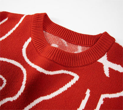 Cartoon Rabbit Embroidered Crewneck Sweater National Fashion Oversized Fit