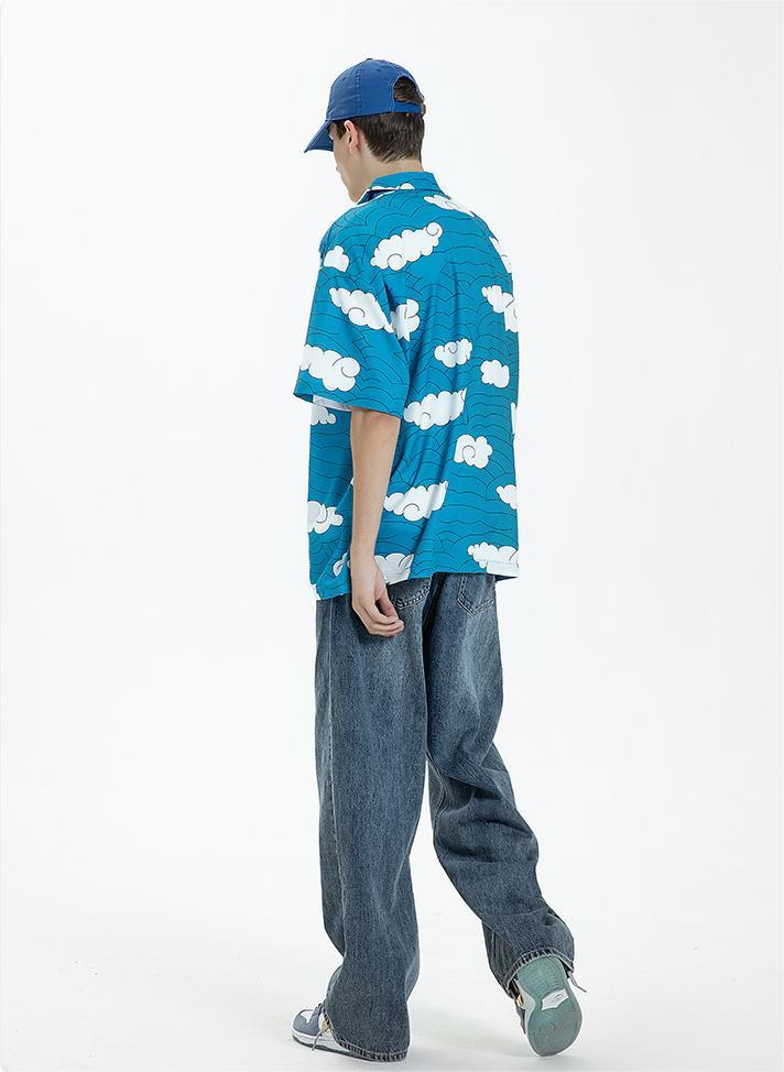 Floral Casual Printed Shirt Short Sleeved Summer Loose Blue Shirt