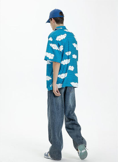 Floral Casual Printed Shirt Short Sleeved Summer Loose Blue Shirt