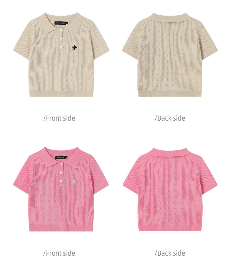 Vintage Spice Twist Knit Short Sleeve T-Shirt Summer Polo Neck Short Bodice Woman