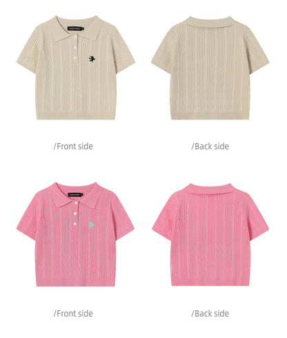 Vintage Spice Twist Knit Short Sleeve T-Shirt Summer Polo Neck Short Bodice Woman