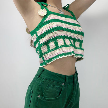 Crochet Knitted Shoulder Stripes Short Vest Top