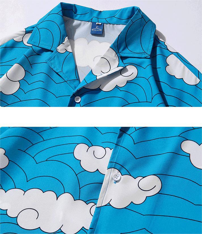 Floral Casual Printed Shirt Short Sleeved Summer Loose Blue Shirt