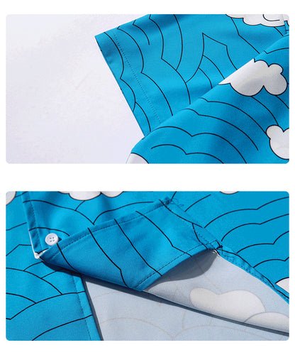 Floral Casual Printed Shirt Short Sleeved Summer Loose Blue Shirt