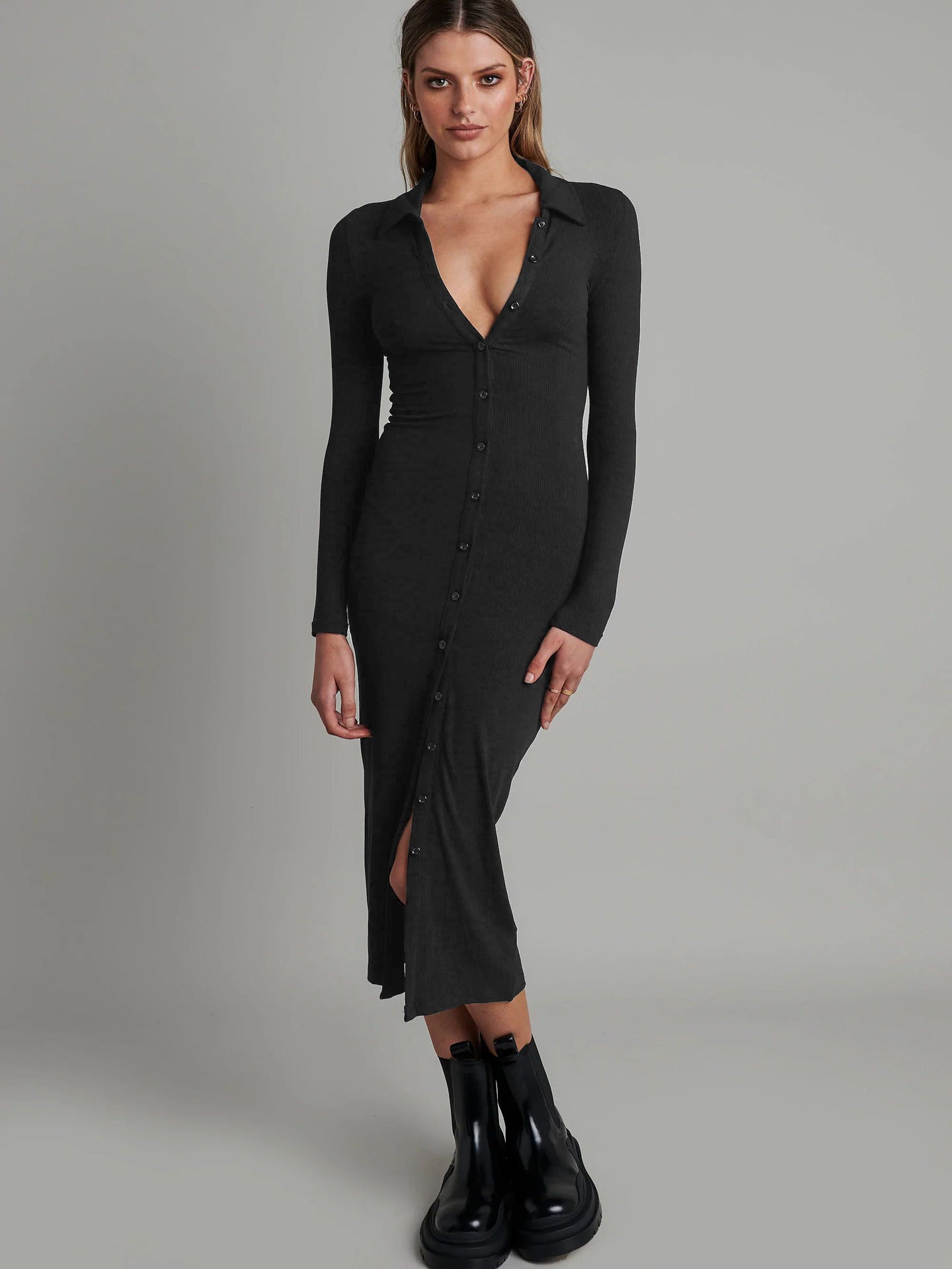 New Button Rib Material Long Sleeve Slim Dress Hip Wrap Midi Dress