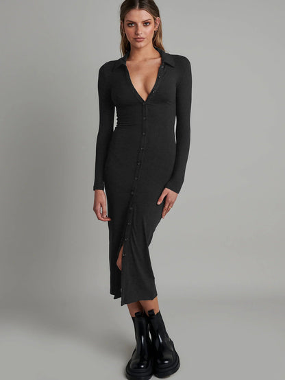 New Button Rib Material Long Sleeve Slim Dress Hip Wrap Midi Dress