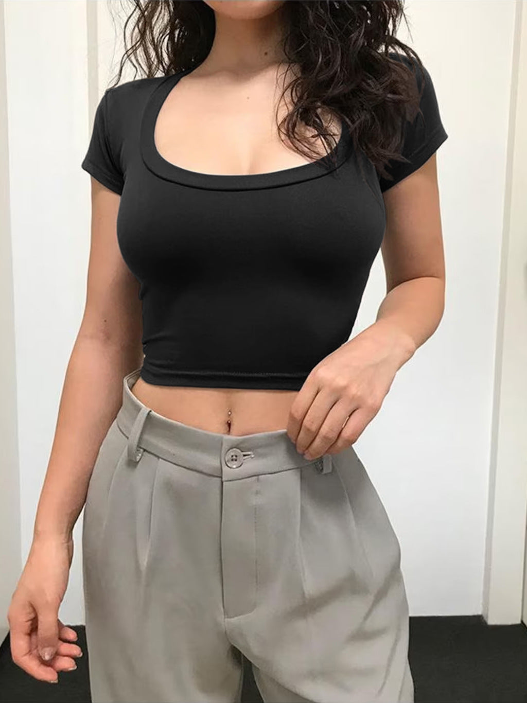 Sexy Low Cut Tshirt Solid Color Customized Support For Women