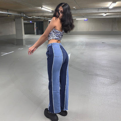 Denim Patch Work Contrast Color Stylish Fit Jeans Pants For Women