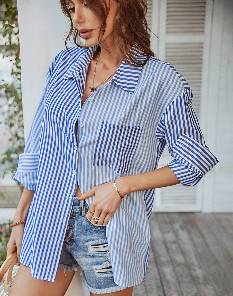 Long Length Stripes Print Casual Wear Shirt For Women