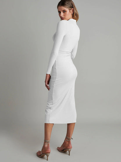 New Button Rib Material Long Sleeve Slim Dress Hip Wrap Midi Dress