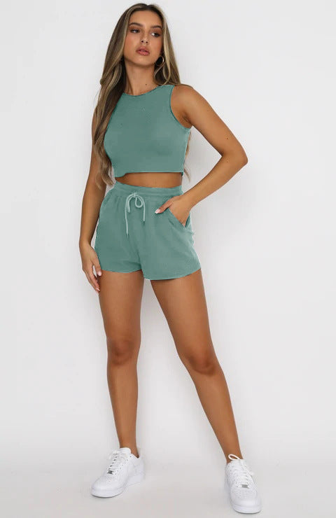 Crop Top With Shorts Show Belly Basic Style For Women