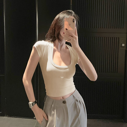 Sexy Low Cut Tshirt Solid Color Customized Support For Women