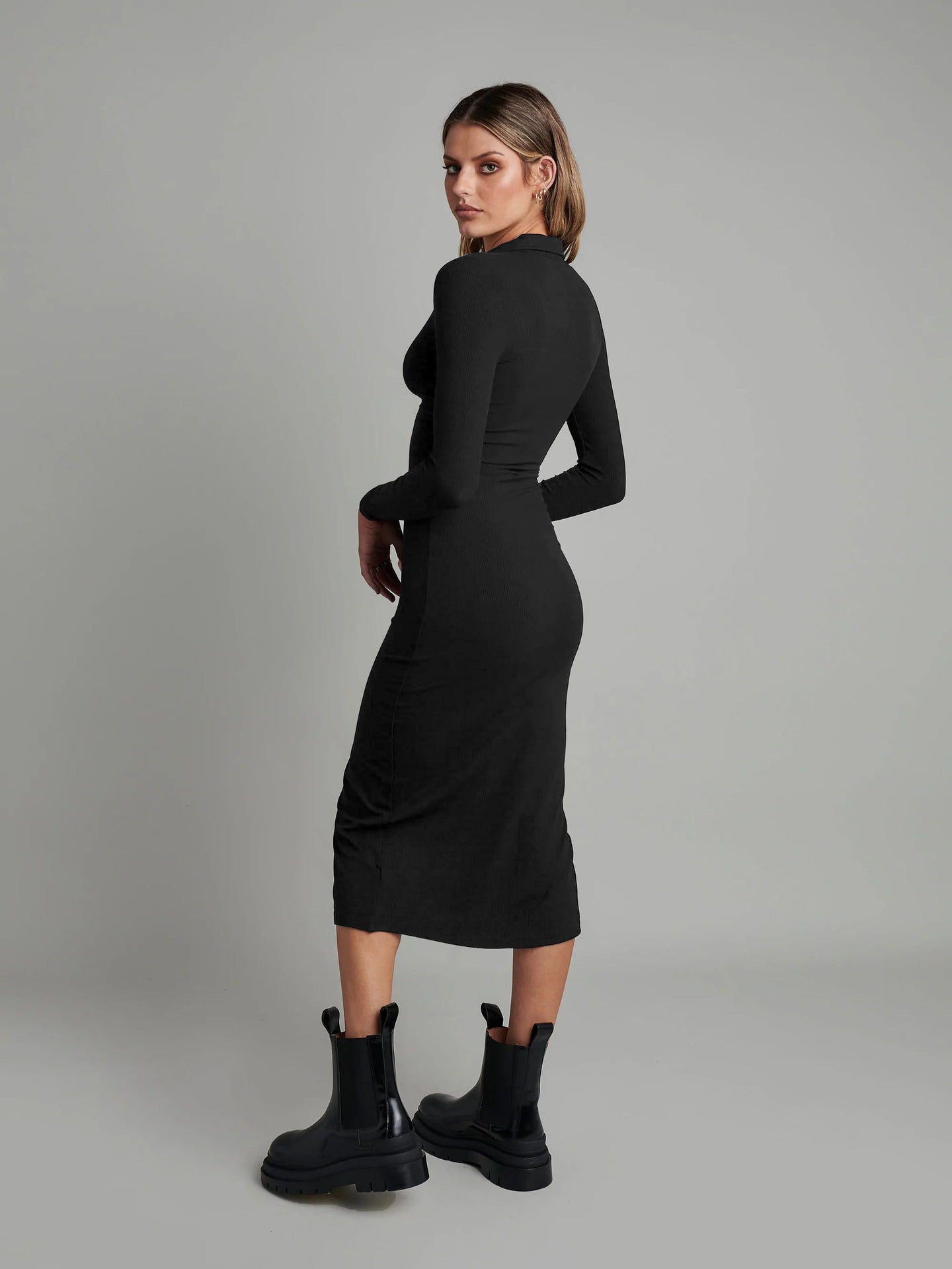 New Button Rib Material Long Sleeve Slim Dress Hip Wrap Midi Dress
