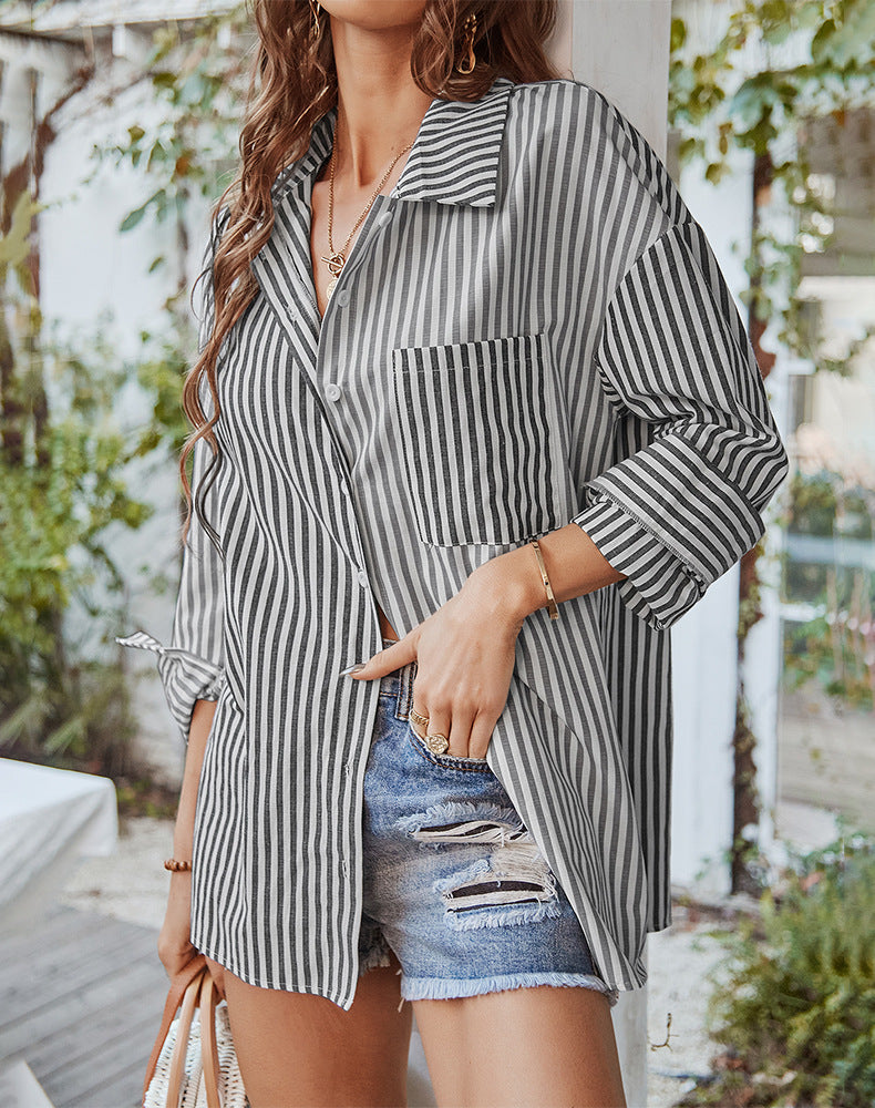 Long Length Stripes Print Casual Wear Shirt For Women