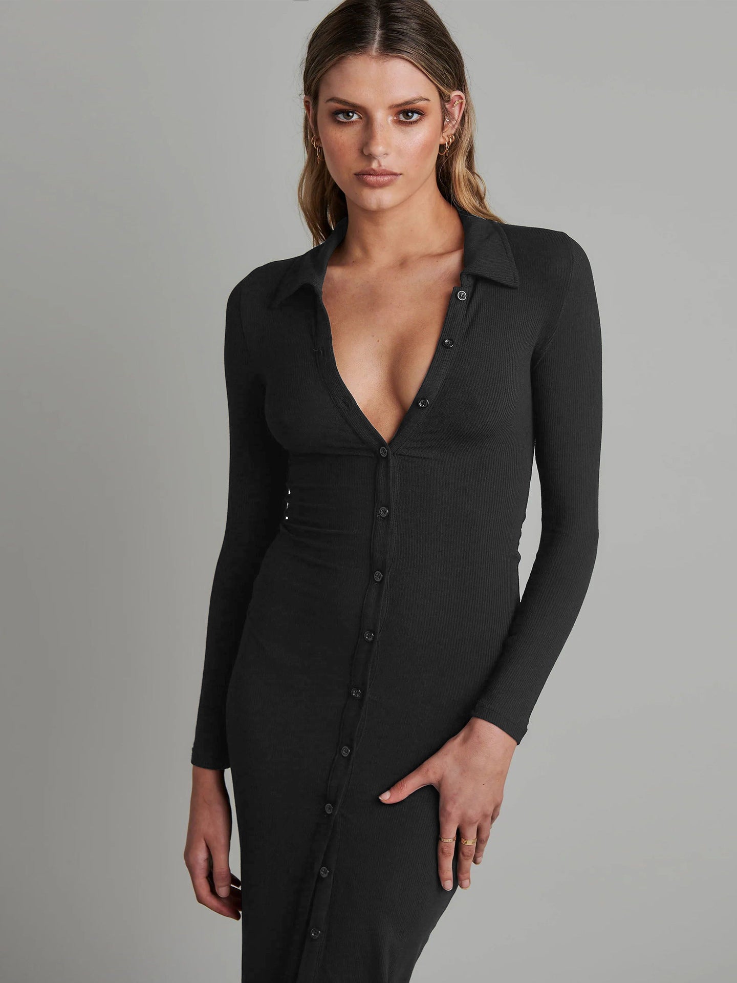 New Button Rib Material Long Sleeve Slim Dress Hip Wrap Midi Dress