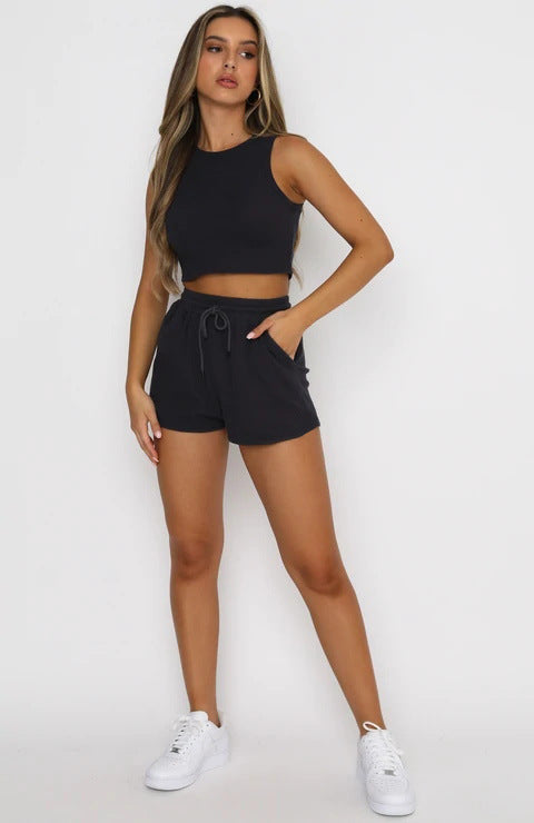 Crop Top With Shorts Show Belly Basic Style For Women