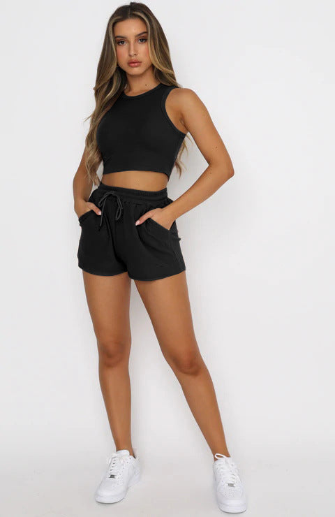 Crop Top With Shorts Show Belly Basic Style For Women