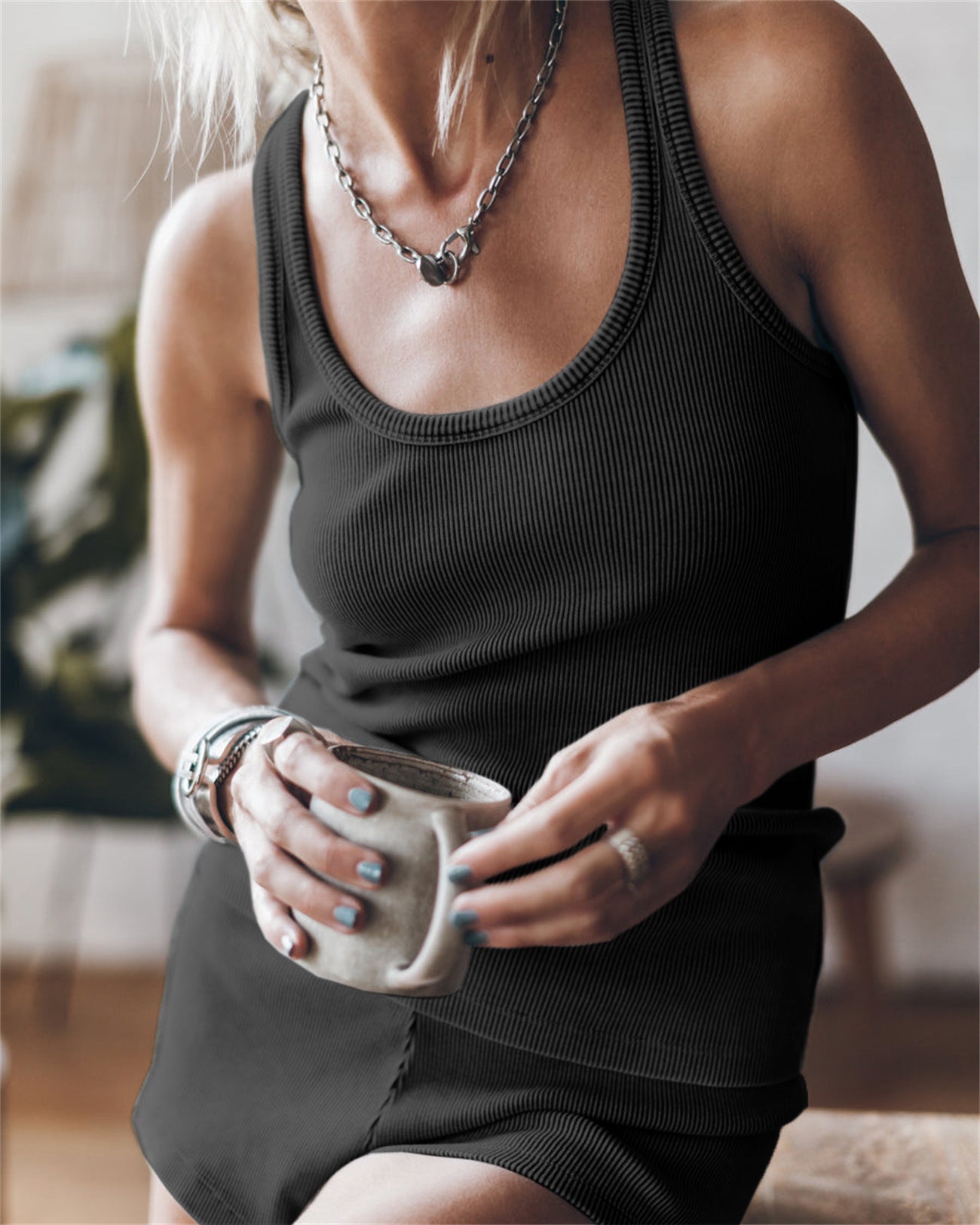 Comfortable Rib Material Women Vest Suspender Style Sets For Women